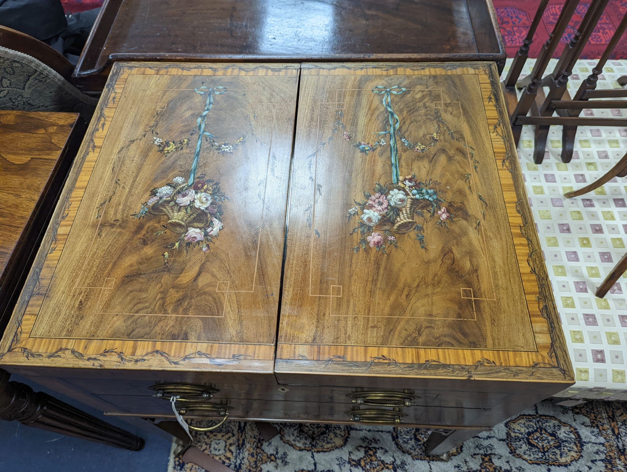 A George III satinwood banded later floral painted mahogany enclosed washstand, width 62cm, depth 51cm, height 78cm